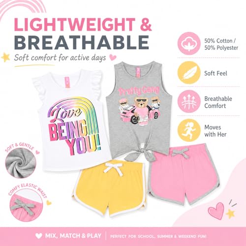 Image of Dreamstar Girls 4 Piece Outfit Set - Sleeveless Graphic Top with Dolphin Shorts, Cute Summer Matching Set for Kids and Tweens
