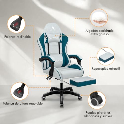 Miniatura 5 de Alfordson Silla De Gaming, Silla Giratoria, Sillón De Masaje, Silla Ergonómica Para Gamer, Con Reposapiés Retráctil, Reposacabezas, Cojín Lumbar De Masaje, 180kg, Tela, Verde Azulado Oscuro
