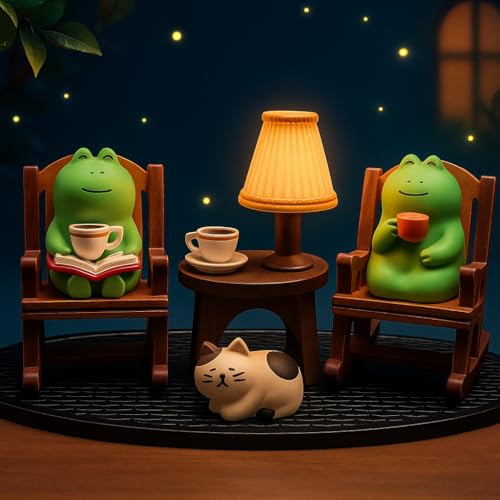 AMQUAL Juego de 7 sillas mecedoras de rana con figuras de rana en miniatura, mini gato y baratijas caprichosas, decoración versátil para oficina, hogar, patio, césped