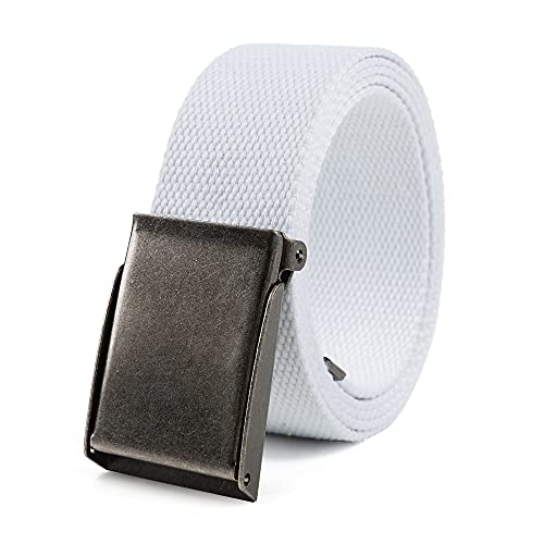Mile High Life Ceinture en Toile Réglable Ajustable Jusqu'à 132 cm Boucle à Clip en Nickel de Couleur Argentée(132CM, White) Cover