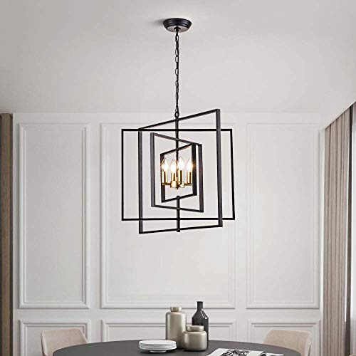 Maxax 4-Light Black & Gold Square Chandeliers for Farmhouse Kitchen and Dining Room