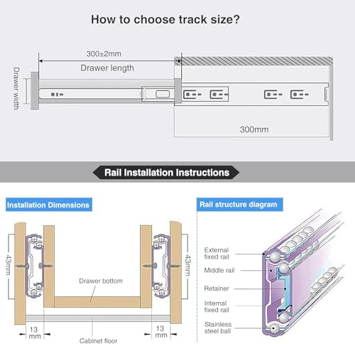 Schubladenführung Vollauszug, 1 Paar Schubladenschienen Kugellager 300 mm 3 Falten Vollauszug Seitenmontage 45 kg Tragkraft Gedämpftes Schubladenführung - Schwarzes
