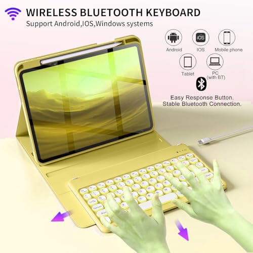 iPad Mini A17 Pro キーボードケース 丸型キー脱着式 iPad mini7/mini6 キーボード付きケース iPad mini 第7/6世代 キーボードカバー 上側ペンシル収納可能 マグネット 分離式 人気 超軽量,イエロー