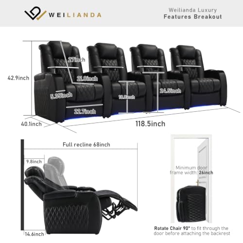 Image of Weilianda Home Theater Seating, Top Grain Leather Movie Theater Chair | Black Row of 4, Zero Gravity, Power Headrest, Tray Table, Electric Reclining Seat for Media Room