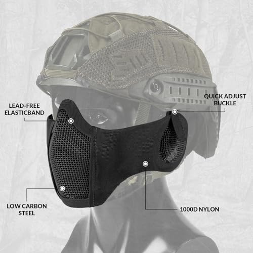 Airsoft Mesh Mask, Tactical Foldable Half Mesh Mask with Ear Protection, Adjustable Military Mesh Mask Lower Face Protective Mask for Airsoft Paintball Shooting Cosplay CS Game (Black) - Thumbnail 3