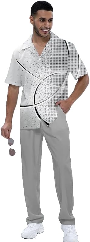 Men's printed short sleeved shirt long pants two-piece set button lining top loose pants summer beach vacation set