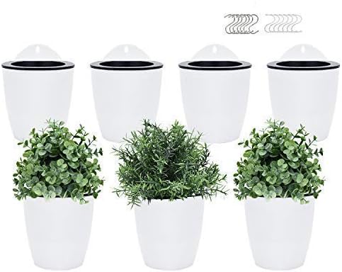 Pomeat Self Watering Hanging Planters, 7 Pack Lazy Flower Pot Wall Plant Holder for Succulents Plants Flowers Indoor Outdoor with 7 Hooks (White)