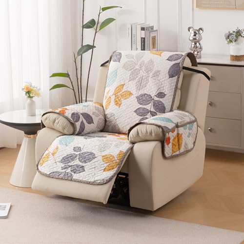 HOKIPO 'HomeHues Series' Quilted Cover for Recliner Chair with SecureFit Belt & Side Pocket, Multicolor Leaves (IN-828-D2)