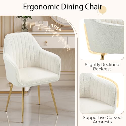 AVAWING Modern Dining Room Accent Arm Chairs Set of 2, Fluffy Boucle Sherpa Dining Chair with Golden Legs, Fuzzy Barrel Chair for Living Room, Cream White - Thumbnail 5