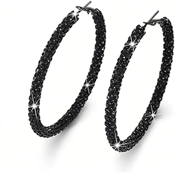 Bling Rhinestone Big Hoop Earrings for Women,Simple Black Cubic Zirconia Huggie Earrings,Trendy Gold Loop Earring Aesthetic Party Jewelry Accessories - Image 9