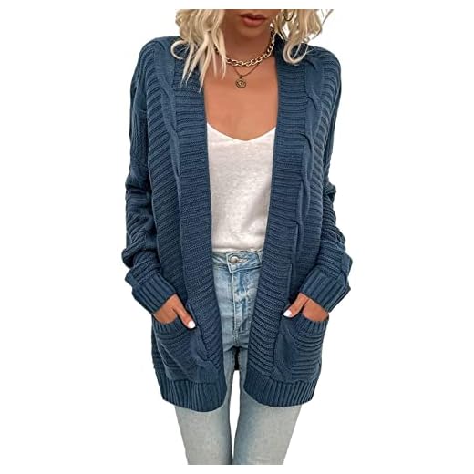 Yokbeer Kofta Dam med Knappar Stickad Kofta V-ringad Stickad Kofta Öppen Chunky Kofta Kofta Ytterkläder för Höstvinter (Color : Blue, Size : XL)