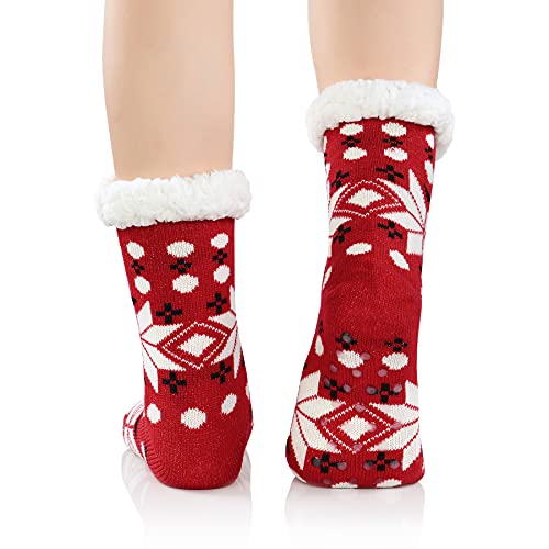 Zando Women's Winter Warm Slipper Socks With Grippers Snowflake Fleece Lined Soft Thick Fuzzy Socks Warm Sherpa Fleece Socks Non Skid Fuzzy Slipper Socks Thick Athletic Socks A Red Snowflake #TOP1