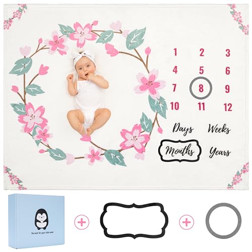 Image of Baby Monthly Milestone Blanket Floral, First 12 Months Baby Milestone Blanket for Baby Girl, for Newborn Girls, Newborn Essentials Photo Blanket for Age and Growth 40x50