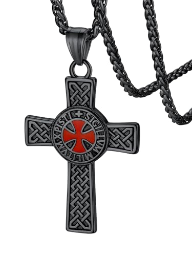FaithHeart Knights Templar Necklace for Men, Armor of God Pendant Necklaces Black Stainless Steel Jewelry Birthday Gift for Father