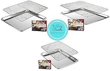 3 Pack Stainless Steel Wire Cooling, Baking, Roasting Rack with Aluminum Cookie Pan Tray Set- Heavy Duty, Commercial Quality - 1 Half Sheet, 1 Jelly Roll & 1 Quarter Sheet Pan Rack Sets