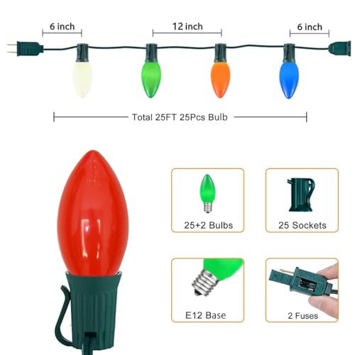 Image of 25FT C7 Multicolor Christmas Lights Outdoor, Waterproof LED String Lights with 25 Bulbs for Roof, Fence Patio Xmas Tree Holiday Decor