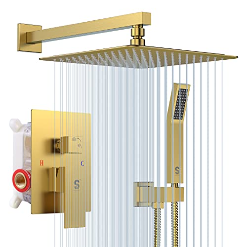 SR SUN RISE 12 Inches Bathroom Luxury Rain Mixer Shower Combo Set Wall Mounted Rainfall Shower Head System Brushed Nickel Finish Shower Faucet Rough-In (12 Inch, Brushed Gold)