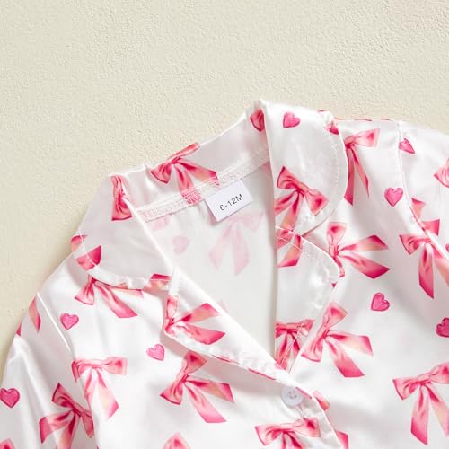 DuAnyozu Toddler Baby Girl Satin Valentines Pajamas Set Feather Trim Heart Print Little Girl Valentines Pjs Spring Clothes (Pink Bow, 6-12 Months)
