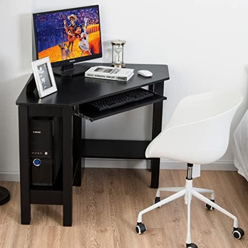 CASART Corner Desk, Triangle Computer Desk with Keyboard Tray & 2 Open Shelf, Home Office Writing Table Study Desks for Small Space (Black)