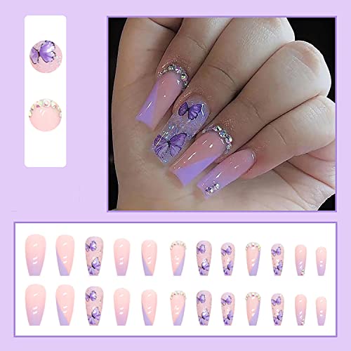 24 Pcs Medium Length Press on Nails Coffin Rhinestones Fake Nails French Purple Butterfly and Sequins Design Artificial Acrylic Full Cover False Nail for Women and Girls - Thumbnail 2