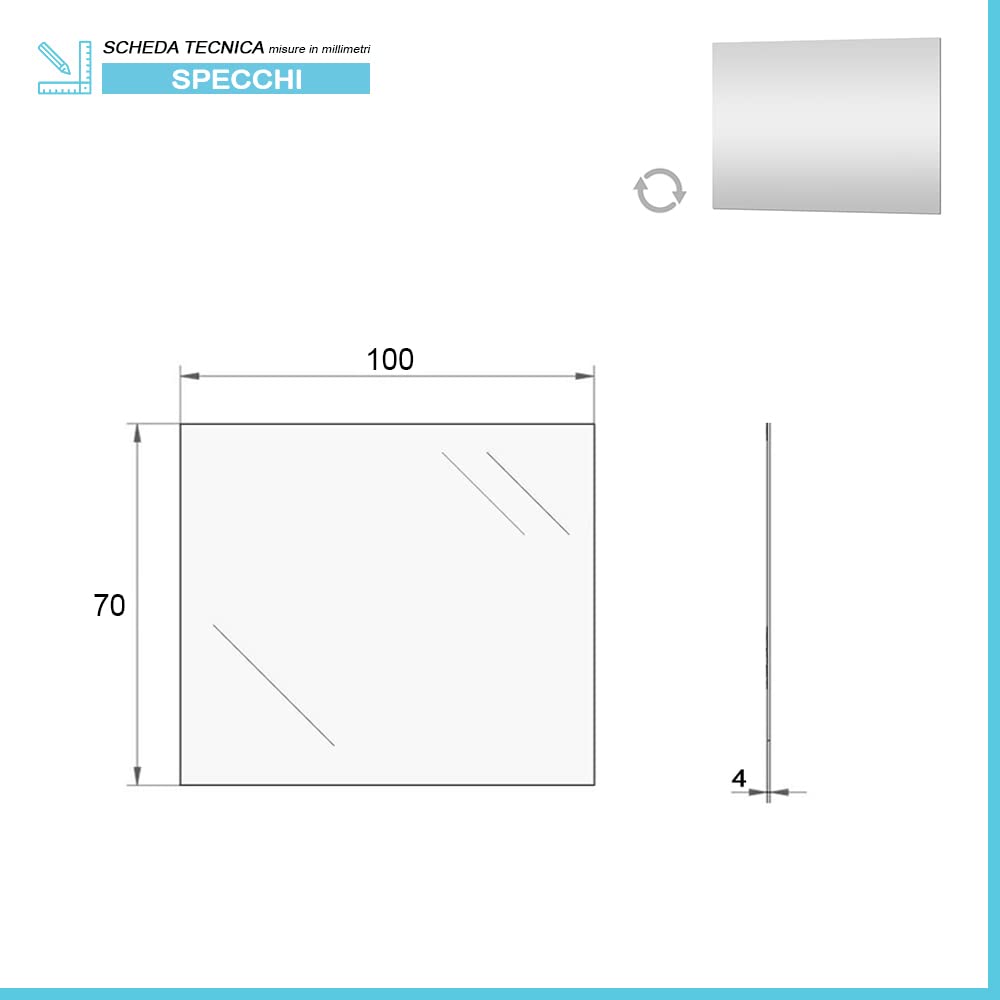 Inbagno Specchio Bagno Senza Cornice a Filo Lucido, 100x70 cm Installazione Reversibile, Completo di staffe
