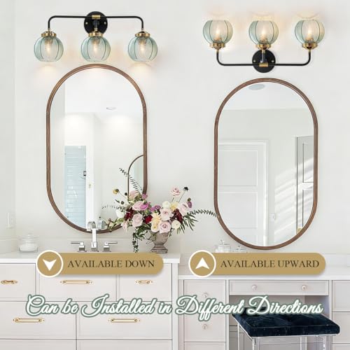 Image of 3-Light Bathroom Vanity Light Black Wall Mount Light with Green Glass Shade, Mid Century Wall Sconce Lights Modern Vanity Lamp for Over Mirror Bedroom Hallway