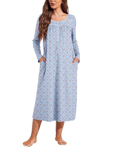 Ekouaer Womens Long Sleeve Nightgowns Long Sleep Shirts Henley Night Shirts Full Length Nightgown Blue Floral XXL