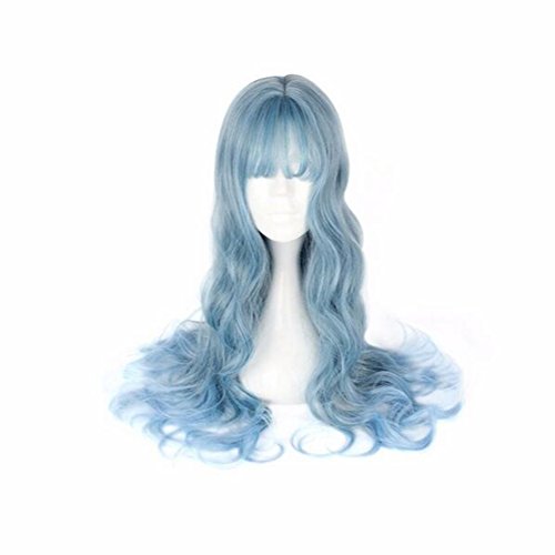 25.6" Pastel Blue Long Curly Wave Wig Air Bang Heat Resistant Fiber Full Wigs For Women's Party Cosplay #TOP2
