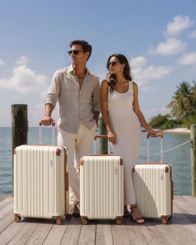 Image of Coolife Luggage Set, Light and Durable Hardshell, 3-Piece, Apricot White