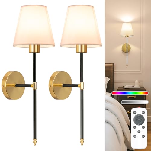 Image of NIORSUN 19.9 inch Battery Operated Wall Sconce Set of 2,Black-Gold Rechargeable Wall Lights with 10400mAh Dimmable Detachable Bulbs and Remote, Wireless Sconces for Bedroom Living Room Hallway