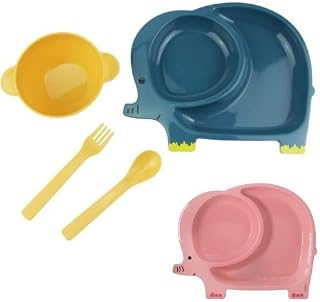 Conjunto Papinha Infantil Animais Pratinhos com divisorias Tigela e Talheres 4 Peças (Elefante) Rosa e Azul