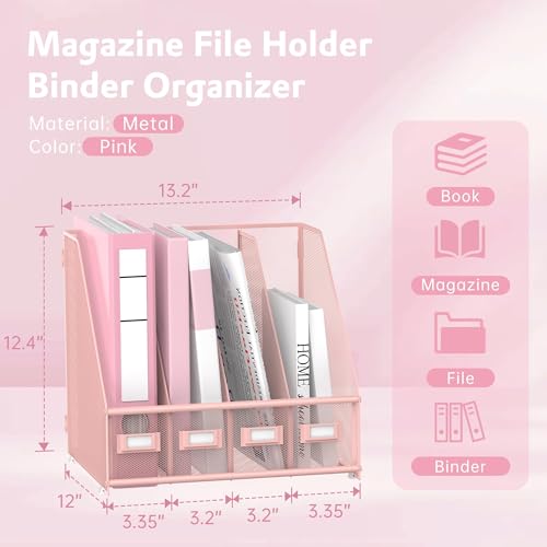 SUPEASY Magazin Aktenhalter Schreibtisch Organizer, Metall Binder Halter mit 4 vertikalen Fächern für Büro Home School, Rosa