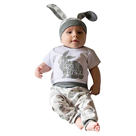 Katpost My 1st First Easter Clothes Set Newborn Baby Girls Boy Cartoon First Easter Bunny Rabbit Outfits Fashion Casual Short/Long Sleeve Spring Birthday Party Jumpsuit Romper (Grey-K, 12-18 Months) Cover