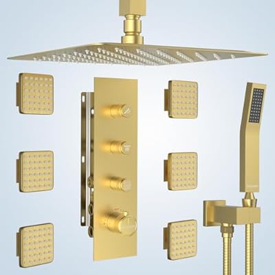 Bostingner Shower Jets System in Wall, 16 Inch Thermostatic Rainfall Shower System with 6 Body Spray Jets (Can All Run Together) Full Body Spray Shower System, Shower Valve Included, Brushed Gold