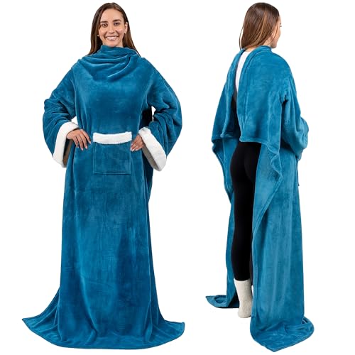 PAVILIA Fleece Blanket with Sleeves for Women Men Adults, Wearable Blanket Warm Soft Plush, Snuggle Pocket Sleeved TV Throw Wrap, Cozy White Elephant Gifts Ideas for Mom Wife, Teal Blue