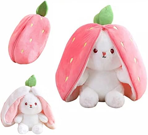 7 Inches Bunny Stuffed Animals, Reversible Strawberry Carrot Bunny with Zipper Soft Plush Rabbit Stuffed Animal Doll for Boys Girls (Strawberry Bunny)
