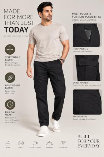 Image of Men's Stretch Cargo Pants 98% Cotton 2% Spandex | Straight Fit Casual Trousers with 6 Utility Pockets | Comfortable Everyday Wear Pants for Men