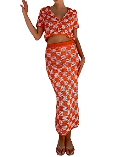 Women Crochet Knit 2 Piece Outfits Set Short Sleeve Shirt Crop Top High Waist Bodycon Midi Skirts Set Y2K Set(B Orange Plaid,Large) #TOP27