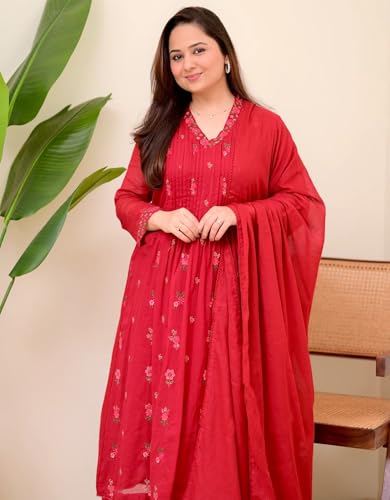 Image of KLOSIA Women Embroidery Solid Anarkali Kurta and Pant Set with Dupatta|Silk|Regular Fit