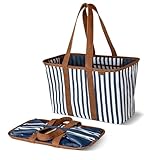 CleverMade 30L SnapBasket LUXE - Reusable Collapsible Durable Grocery Shopping Bag - Heavy Duty Large Structured Tote, Navy Striped