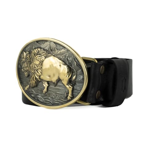Leather Belt with Brass Buffalo Belt Buckle, Western American cowboy style belt, Wild West heritage bison large belt buckle heavy-duty belt3