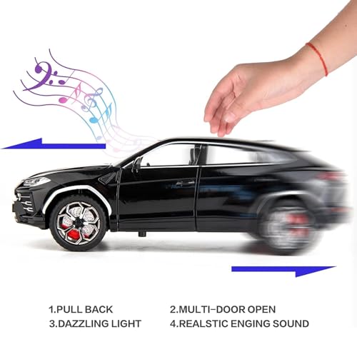 Image of Invite Enterprise Model Car Zinc Alloy Pull Back Toy Diecast Toy Cars with Openable Doors, Sound and Light for Kids Boy Girl Gift (1:24 Lamborghini Urus-Black)