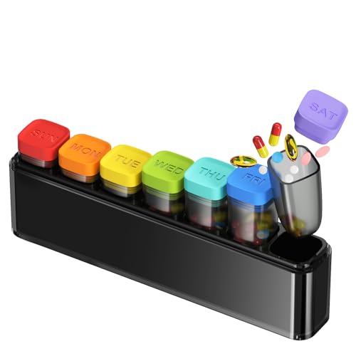 HIONXMGA Tablettenbox 7 Tage, Pillendose mit Feuchtigkeitsbeständiger Design, BPA-freier Abnehmbar Medikamentenbox für unterwegs, Tragbarer Pillenbox um Medikamente aufzubewahren Vitamine, Schwarz