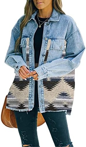 Haellun Women's Aztec Shacket Distressed Lapel Long Sleeve Button Down Jean Denim Jacket Coat(Blue,XL)