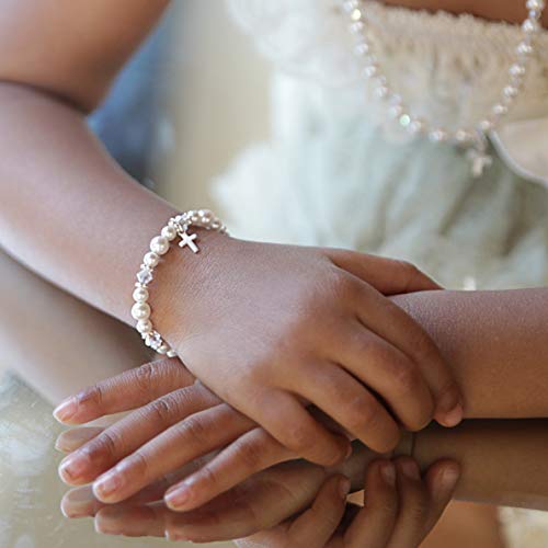 Sterling Silver Cross Charm Bracelet For Girls - With European Simulated Pearls, Crystals And Silver Spacers - Baptism And Christening Gift (Bcrs_S+) #TOP1