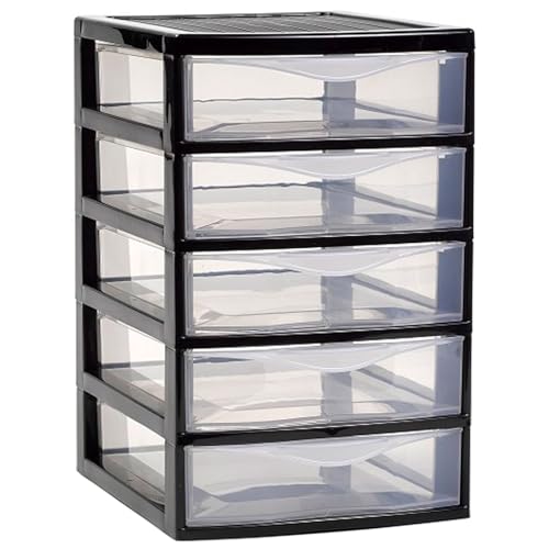 Acan Tradineur - Cajonera guadiana de sobremesa, incluye 5 cajones transparentes, torre de almacenaje, armario, baño, oficina, fabricada en España (Negro - 28 x 18 x 21,5 cm - Modelo aleatorio)