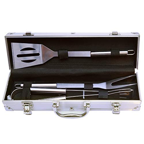 Pink pari Stainless Steel BBQ Grill Tool Kit 3 PCS Set : Tong, Meat Fork, Spatula + Black Carrying Bag for Picnic Camping Travel Cooking Grilling 1