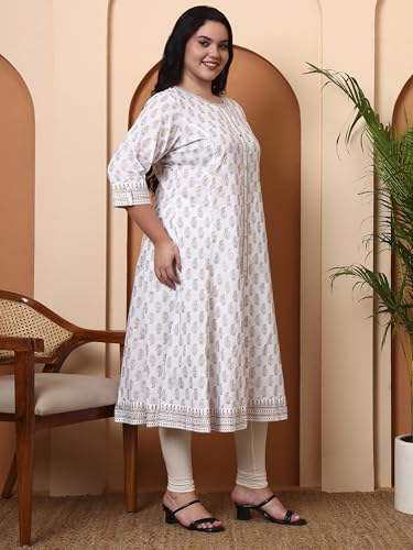 Image of Yash Gallery Women's Cotton Relaxed Fit Anarkali Plus Size Gold Printed Kurta