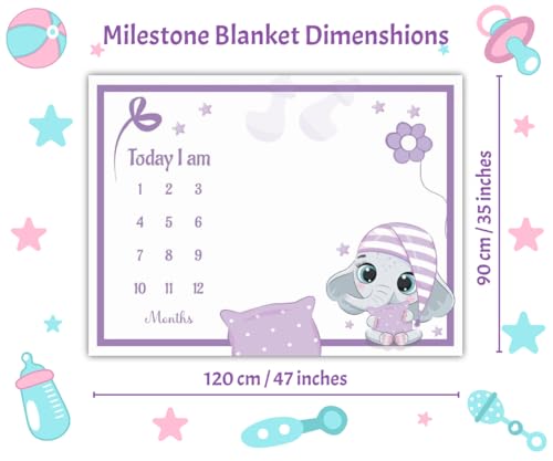 Image of Baby Monthly Milestone Blanket | 1-12 Months | Soft All-Season AC Blanket | Ideal for Newborn Boys & Girls | Perfect Growth Tracker & Photoshoot Prop with Dreamy Elephant | 120x90 cm