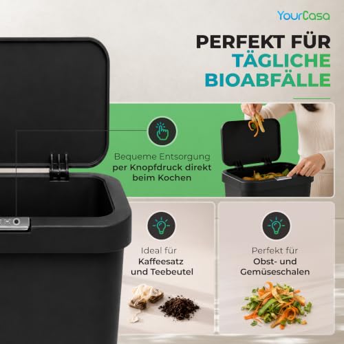YourCasa® Biomülleimer Küche 5L - geruchsdichter Bio Mülleimer mit Deckel & Knopfdruck-Mechanismus - Komposteimer & Bioabfallbehälter klein für Biomüll (Schwarz)
